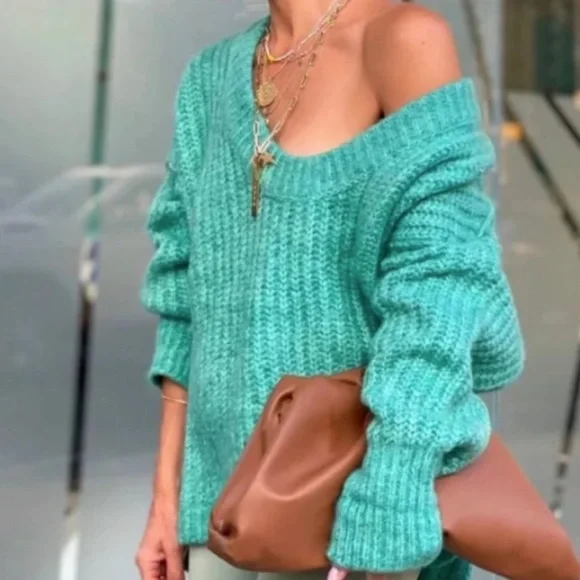 NWT FREE PEOPLE blue bell v neck oversized sweater in electric teal size large - Picture 1 of 11